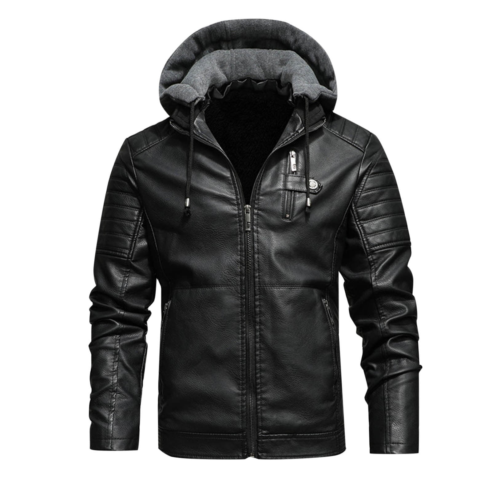 APEXFWDT Men's Faux Leather Jacket Hoodie Vintage Fleece Lined