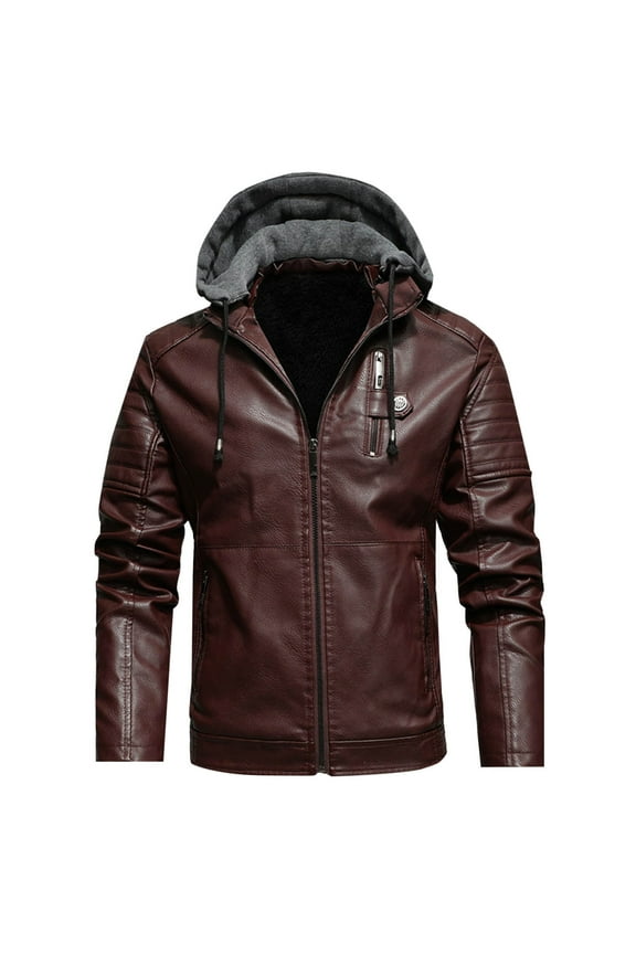 APEXFWDT Men's Faux Leather Jacket Hoodie Vintage Fleece Lined Motorcycle Bomber Jacket Winter PU Moto Biker Jacket with Hood