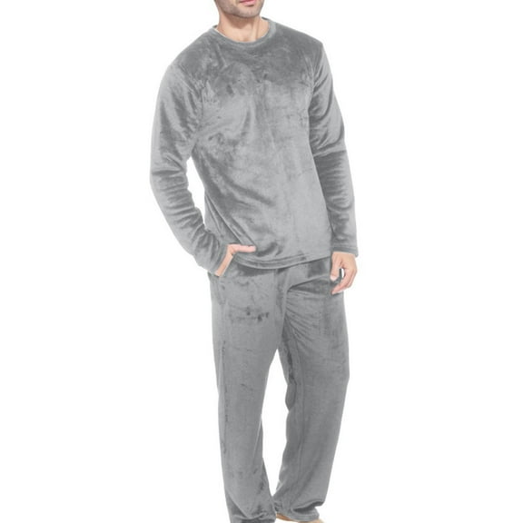 APEXFWDT Men’s Flannel Pajama Set Round Neck Long Sleeve Pullover & Elastic Waist Long Pants Winter Sleepwear,M,Gray