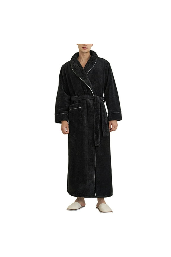 Men's Fleece Plush Long Robe Long Sleeve Fuzzy Warm Kimono Bathrobe with Pockets, Cozy Winter Loungewear,M,Black