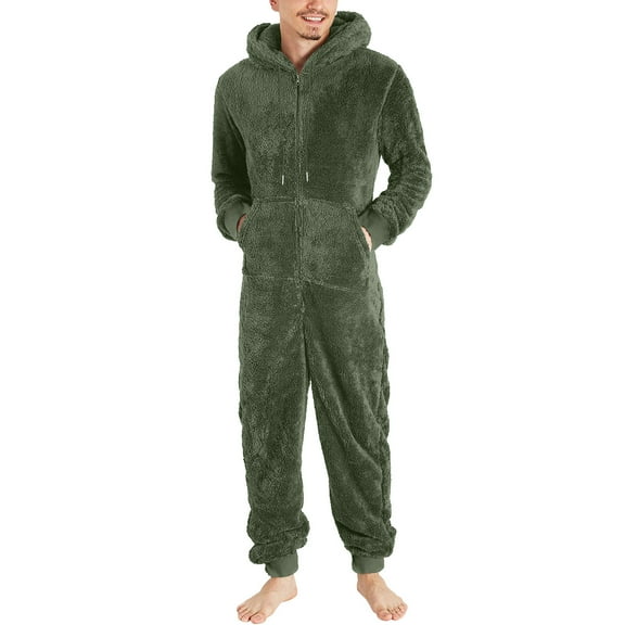 APEXFWDT Men's Fuzzy Fleece Onesie Pajamas Hooded Long Sleeve & Pants Zip-Up Jumpsuit Warm Winter Loungewear,XXXL,Army Green