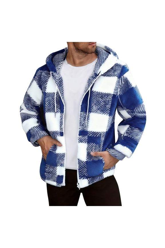 Men's Fuzzy Fleece Plaid Jacket Zip-Up Fall Winter Hooded Jacket Casual Warm Coat for Weekend Outings,XL,Blue