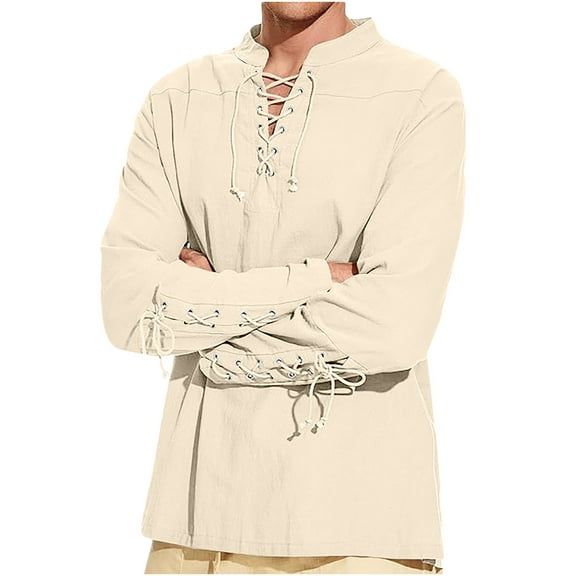 APEXFWDT Men's Gothic Linen Tunic - V-Neck Lace-Up Shirt with Drawstring Cuffs Long Sleeve Medieval Renaissance Top