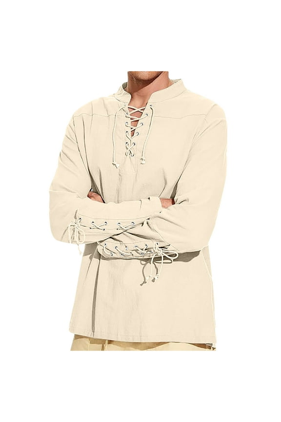 APEXFWDT Men's Gothic Linen Tunic - V-Neck Lace-Up Shirt with Drawstring Cuffs Long Sleeve Medieval Renaissance Top