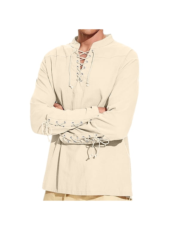 APEXFWDT Men's Gothic Linen Tunic - V-Neck Lace-Up Shirt with Drawstring Cuffs Long Sleeve Medieval Renaissance Top