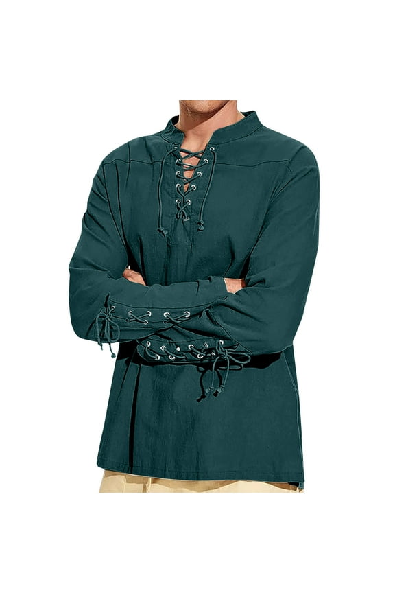 APEXFWDT Men's Gothic Linen Tunic - V-Neck Lace-Up Shirt with Drawstring Cuffs Long Sleeve Medieval Renaissance Top