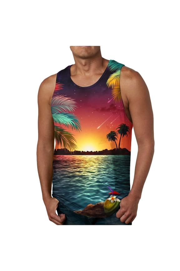 APEXFWDT Men's Hawaii Beach Tank Top Big and Tall Sleeveless Workout Palm Tree Print T-Shirts Casual Sport Gym Tank Top Vacation M-6X