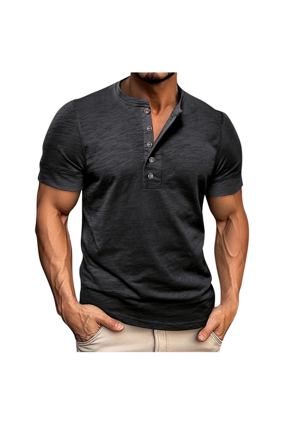 Men's Henley Shirts, Short Sleeve Summer Casual Classic Button T Shirts Stretchy Regular Fit T Shirts for Men,S,Black