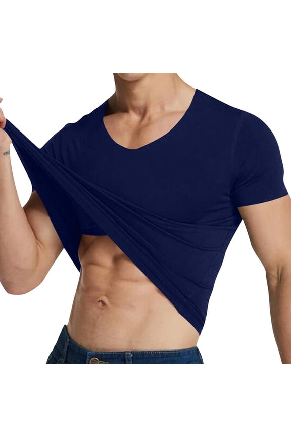 Men's Ice Silk Training Tee Big & Tall 4-Way Stretch V-Neck T-Shirt Seamless Casual Solid Color T-shirt M,Navy