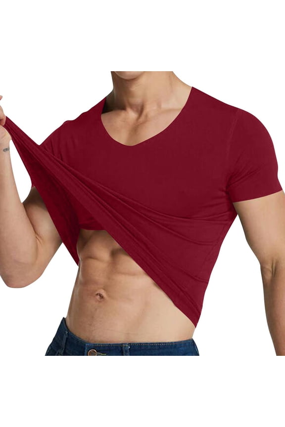 Men's Ice Silk Training Tee Big & Tall 4-Way Stretch V-Neck T-Shirt Seamless Casual Solid Color T-shirt XL,Red