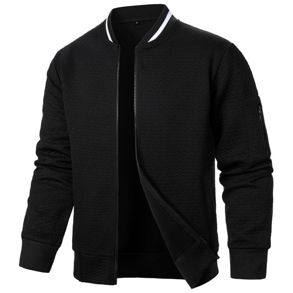 APEXFWDT Men's Jacquard Baseball Jacket Zip-Up Stand Collar Lightweight Outerwear Long Sleeve Stylish Casual Coat,L,Black
