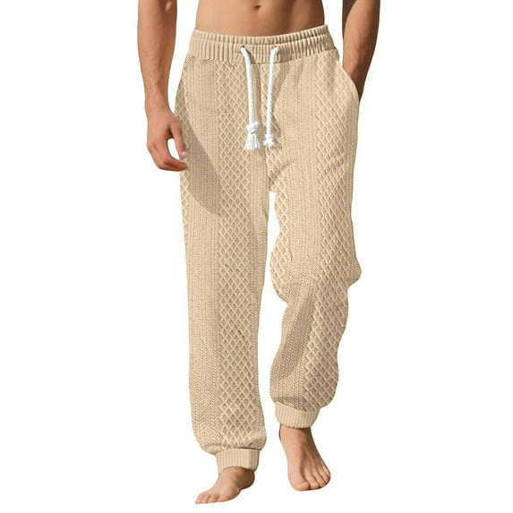 APEXFWDT Men's Jacquard Sweatpants Elastic Waist Casual Jogger Pants with Drawstring Cuffed Sweatpants with Pockets for Running & Gym,XL,Khaki