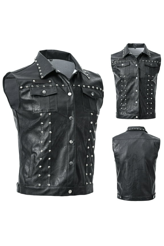 APEXFWDT Men's Leather Motorcycle Vest Black Vintage Riding Biker Vests with 4 Pockets Faux Leather Collared Club Style Vest
