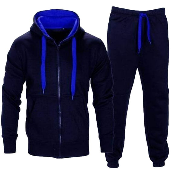 APEXFWDT Men's Light Fleece Sweatsuit 2-Piece Tracksuit Zip-Up Hooded Sweatshirt Jacket and Drawstring Jogger Pants,M,Navy