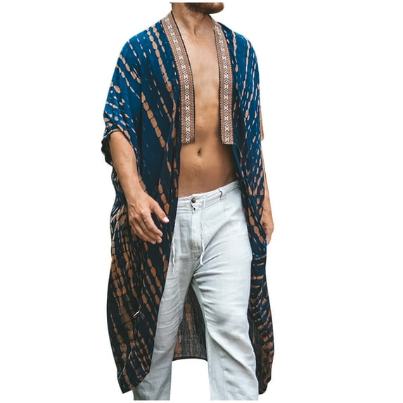 APEXFWDT Men's Lightweight Kimono Robe Jacket Printed Japanese Style Bathrobes Casual Open Front Long Cardigan Coat Outwear , L,Blue