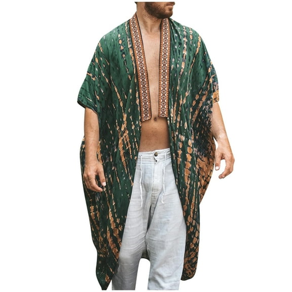 APEXFWDT Men's Lightweight Kimono Robe Jacket Printed Japanese Style Bathrobes Casual Open Front Long Cardigan Coat Outwear , XXXL,Green