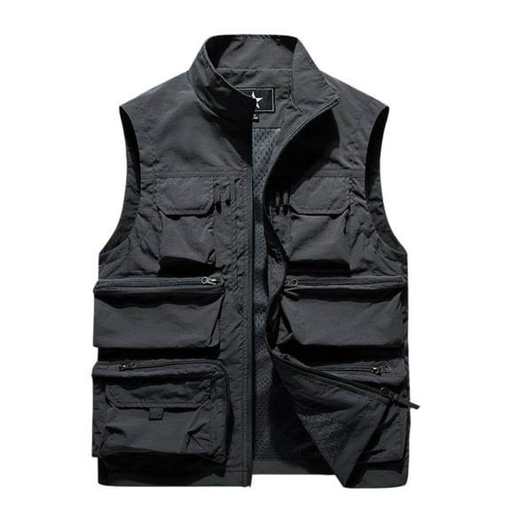 APEXFWDT Men’s Lightweight Outdoor Vest Stand Collar & Mesh Lining Vest with 6 Pockets for Fishing, Hiking & Photography,M,Gray