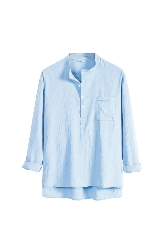 APEXFWDT Men's Linen Henley Shirts Long Sleeve Collarless Longline Beach Shirts Loose Fit Casual Summer Hippie T Shirt