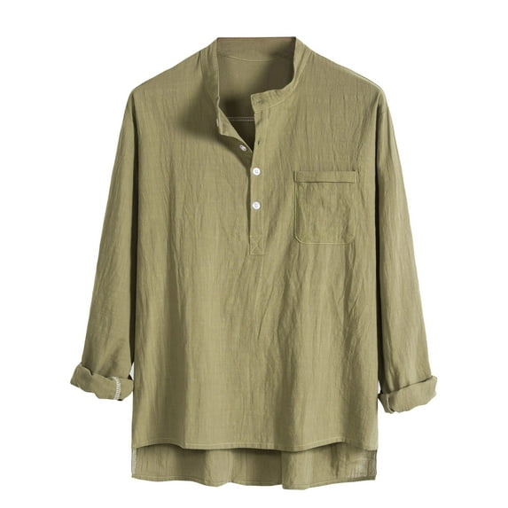 APEXFWDT Men's Linen Henley Shirts Long Sleeve Collarless Longline Beach Shirts Loose Fit Casual Summer Hippie T Shirt
