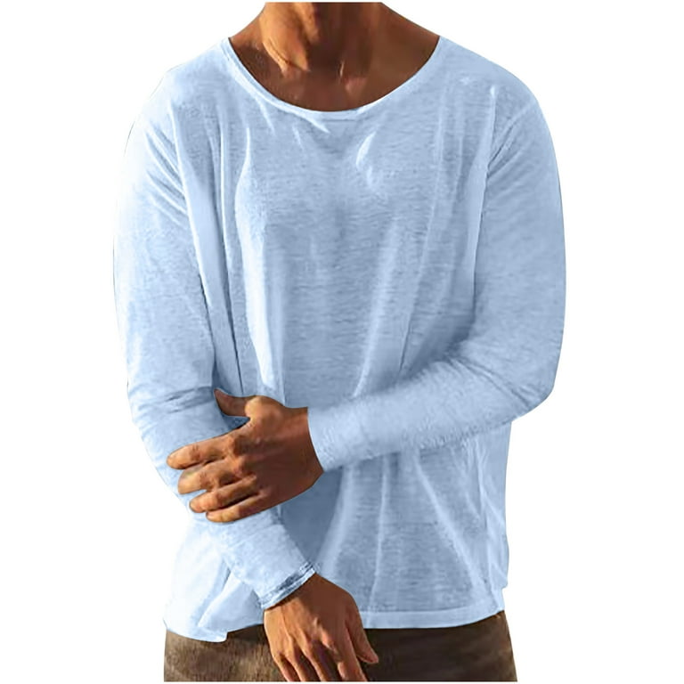 Apexfwdt Men's Linen Long Sleeve Shirt Casual Loose Fit Active Basic T-shirts Crewneck Solid Color Beach Shirts, Size: 3XL, Blue