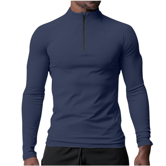 APEXFWDT Men's Long Sleeve Half-Zip Stand Collar Top Slim Fit Athletic Training Shirt with Thumb Holes Casual Activewear,XL,Navy