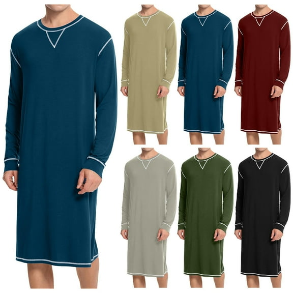 APEXFWDT Men's Long Sleeve Sleepshirt Crew Neck Mid-Length Pajamas Loose Fit Loungewear Gown Comfortable Home Wear,XXXL,Wine