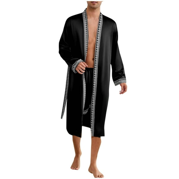 APEXFWDT Men's Luxe Satin PJ Set 2-Piece - Long Sleeve Kimono Robe & Elastic Waist Shorts Wrinkle Free Sleepwear