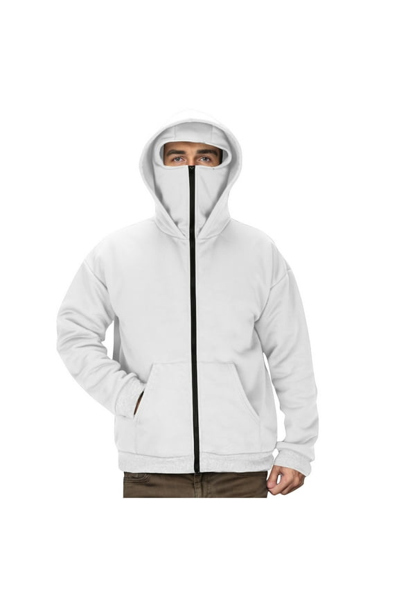 APEXFWDT Men's Mask Hooded Gym Workout Sweatshirt Lightweight Long Sleeve Hoodie Jacket with Built-in Face Cover Mask for Fishing Running M,White