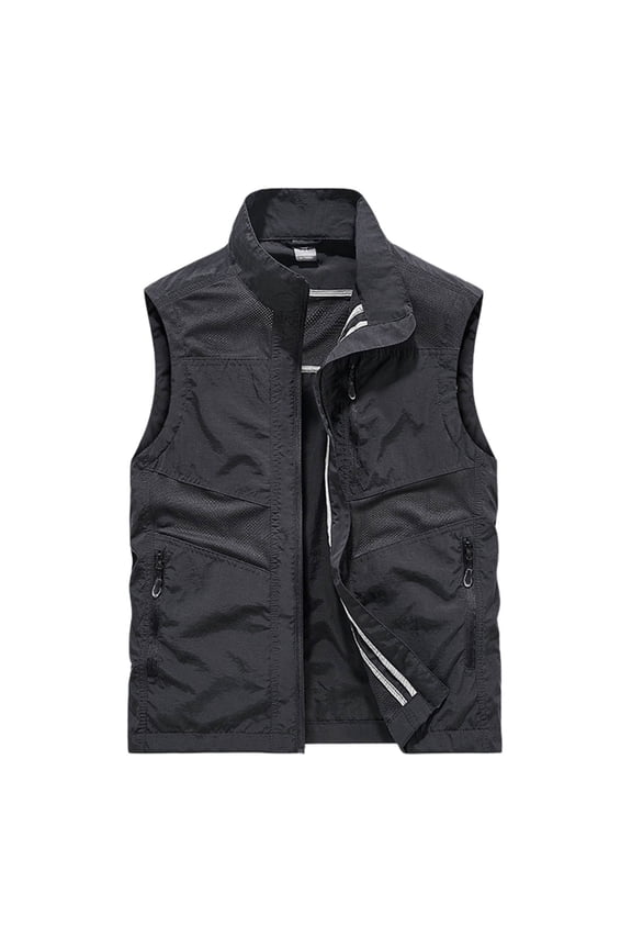Men's Mesh Fishing Vest Zipper Pockets Photography Outdoor Sleeveless Jacket Travel Utility Work Vest,L,Black
