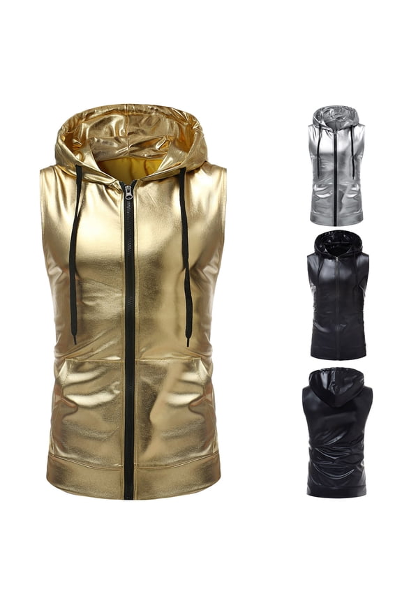 APEXFWDT Men's Metallic Shiny Hooded Vest Slim Fit Sleeveless Shirt Zipper Gold Silver Nightclub Party Vest Streetwear