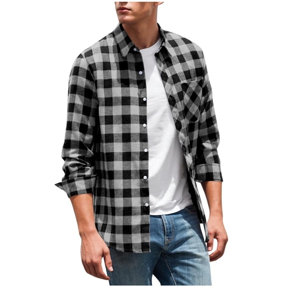 APEXFWDT Men's Plaid Button-Down Shirt Classic Fit Collared Long Sleeve Top with Chest Pockets, Casual Daily Wear,L,Gray