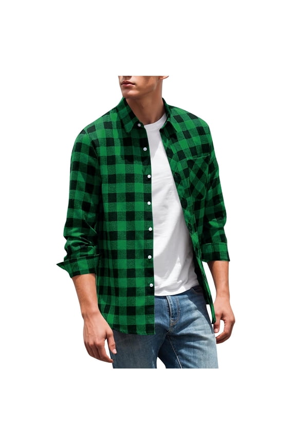 APEXFWDT Men's Plaid Button-Down Shirt Classic Fit Collared Long Sleeve Top with Chest Pockets, Casual Daily Wear,XXL,Green