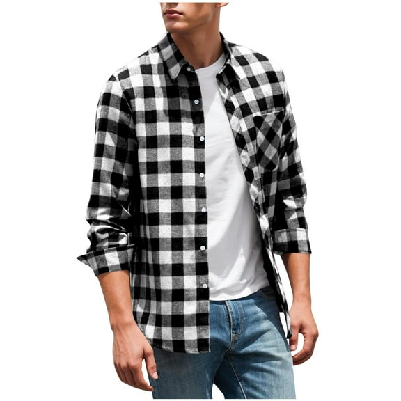 APEXFWDT Men's Plaid Button-Down Shirt Classic Fit Collared Long Sleeve Top with Chest Pockets, Casual Daily Wear,XXL,White