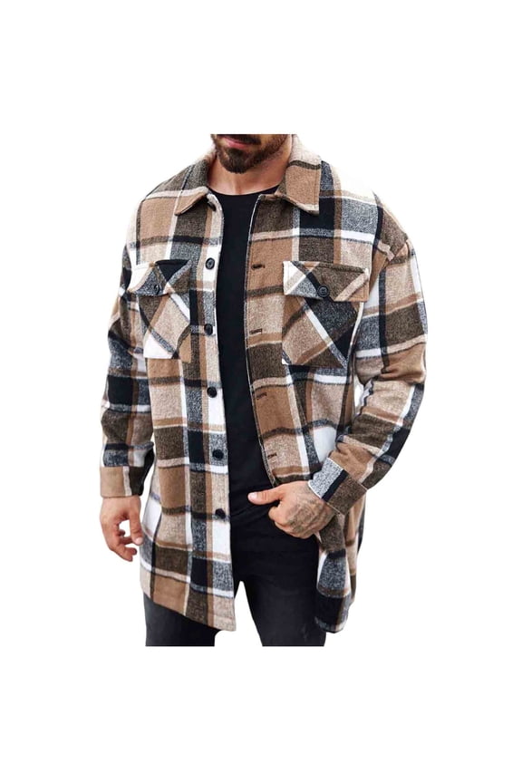 Men's Plaid Mid-Length Shirt Jacket Button-Down Collared Long Sleeve Casual Shacket Coat with Pockets for Daily Commute,S,Khaki