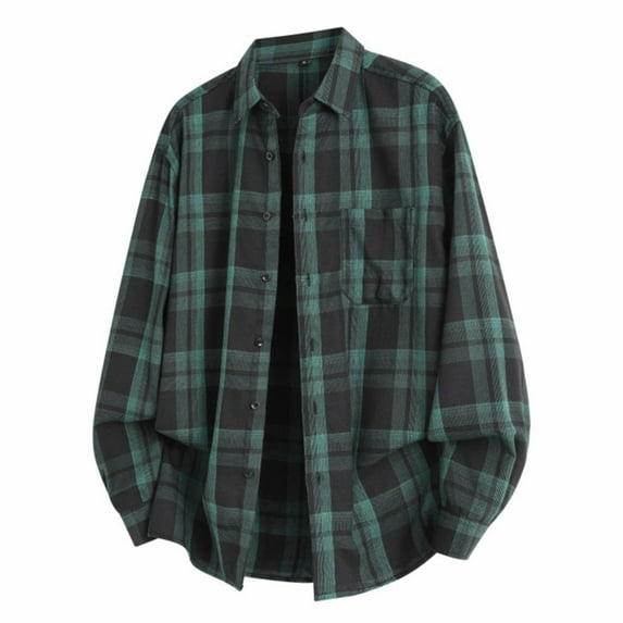 APEXFWDT Men's Plaid Shirt Classic Button-Down Long Sleeve Shirt Jacket Collared Loose Casual Shirt for Fall Sweater Layering,L,Green