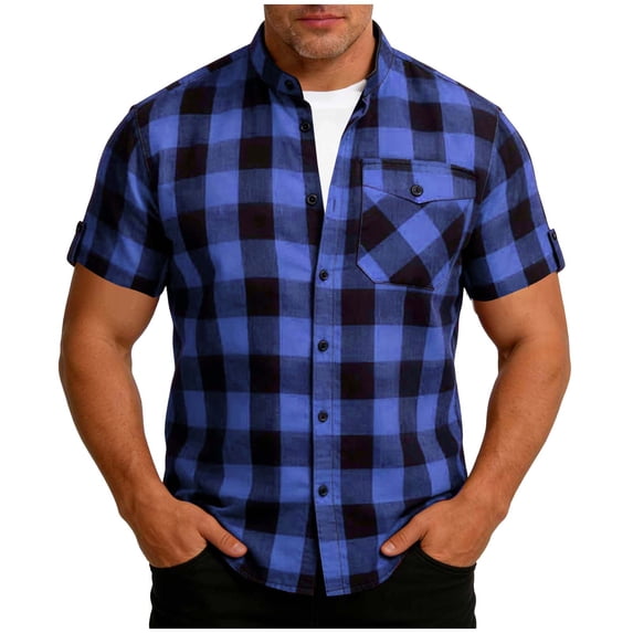 APEXFWDT Men's Plaid Shirt Short Sleeve Casual Shirt,XL,Blue