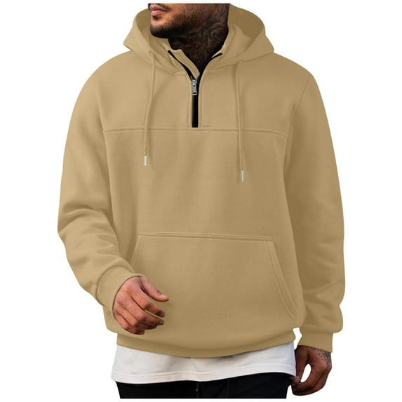 APEXFWDT Men's Quarter-Zip Hoodie Stand Collar Casual Athletic Sweatshirt with Kangaroo Pocket, Loose Fit Pullover,XXXL,Khaki