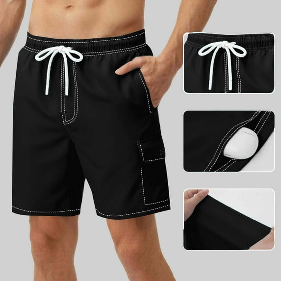 APEXFWDT Men's Quick Dry Swim Trunks with Liner, Drawstring Waist Summer Beach Shorts with Pockets,XXL,Black