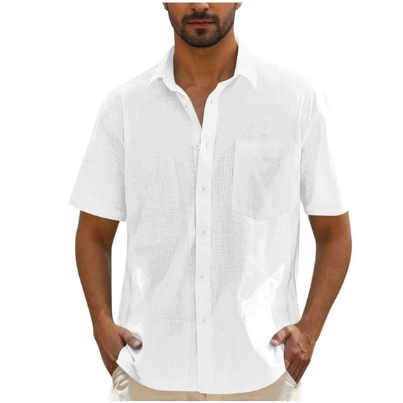 APEXFWDT Men's Resort Linen Shirt Wrinkle-Resistant Button Down Short Sleeve Shirts Summer Beach Shirts , S,White
