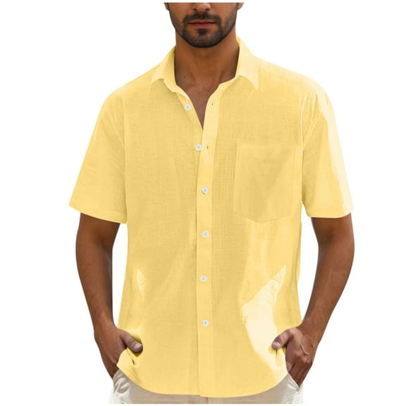 APEXFWDT Men's Resort Linen Shirt Wrinkle-Resistant Button Down Short Sleeve Shirts Summer Beach Shirts , XL,Yellow
