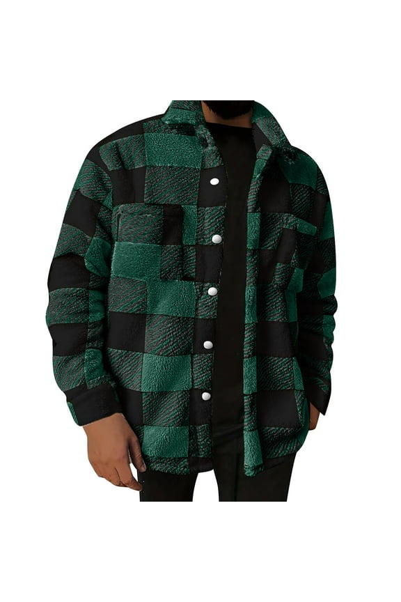 APEXFWDT Men's Reversible Sherpa Plaid Coat - Flannel-Lined Winter Jacket Button-up Casual Jacket with Pocket