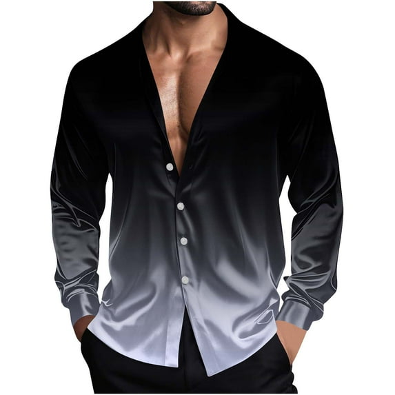 APEXFWDT Men's Satin Gradient Button-Down Shirt Big&Tall Long Sleeve Collared Casual Shirt, Stylish Wear,XL,Gray