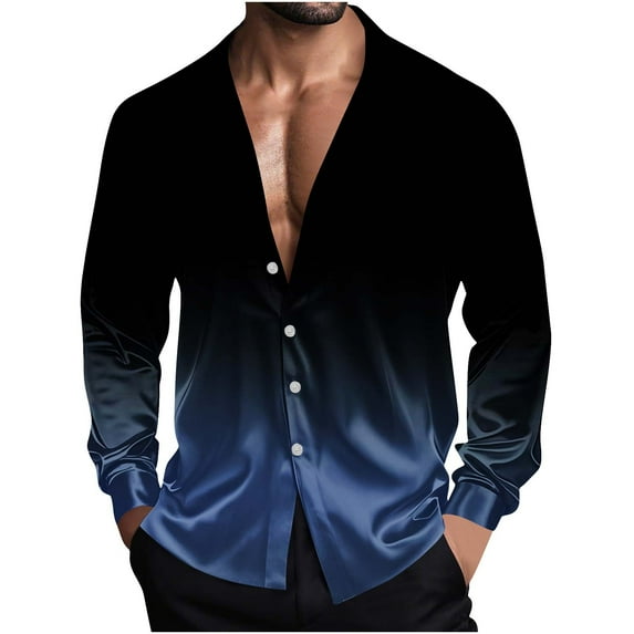 APEXFWDT Men's Satin Gradient Button-Down Shirt Big&Tall Long Sleeve Collared Casual Shirt, Stylish Wear,XXXXXL,Navy