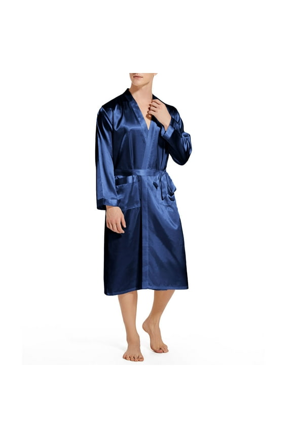 APEXFWDT Men's Satin Kimono Robe Silk Touch Classic Mid-Long Bathrobe Pockets Lightweight Loungewear Luxurious Satin Kimono Bathrobe