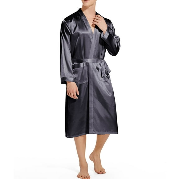 APEXFWDT Men's Satin Kimono Robe Silk Touch Classic Mid-Long Bathrobe Pockets Lightweight Loungewear Luxurious Satin Kimono Bathrobe
