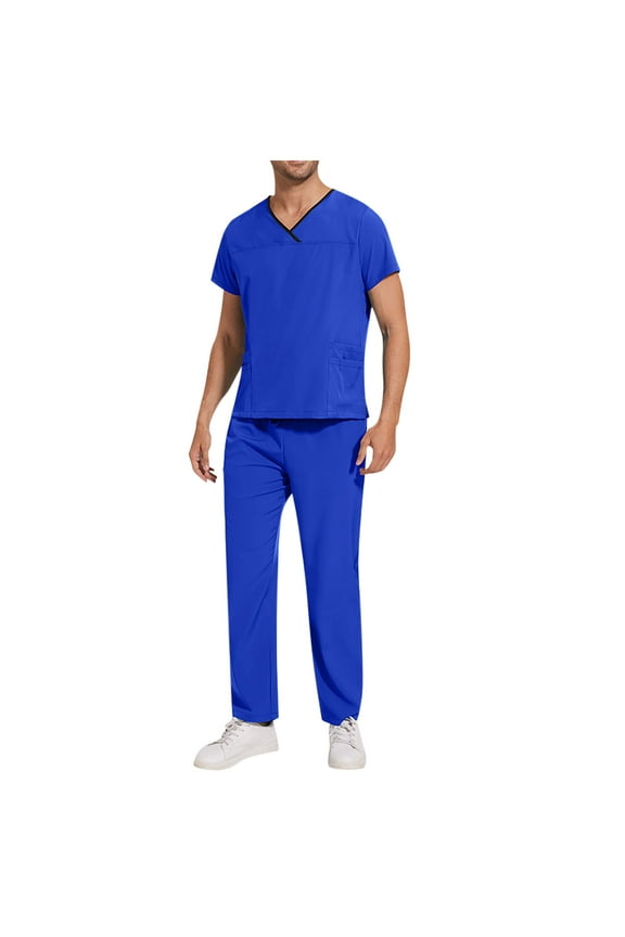 Men's Scrub Style Utility Set - V-Neck Pocket Top & Drawstring Pants Wrinkle Resistant Uniform for Healthcare Workers