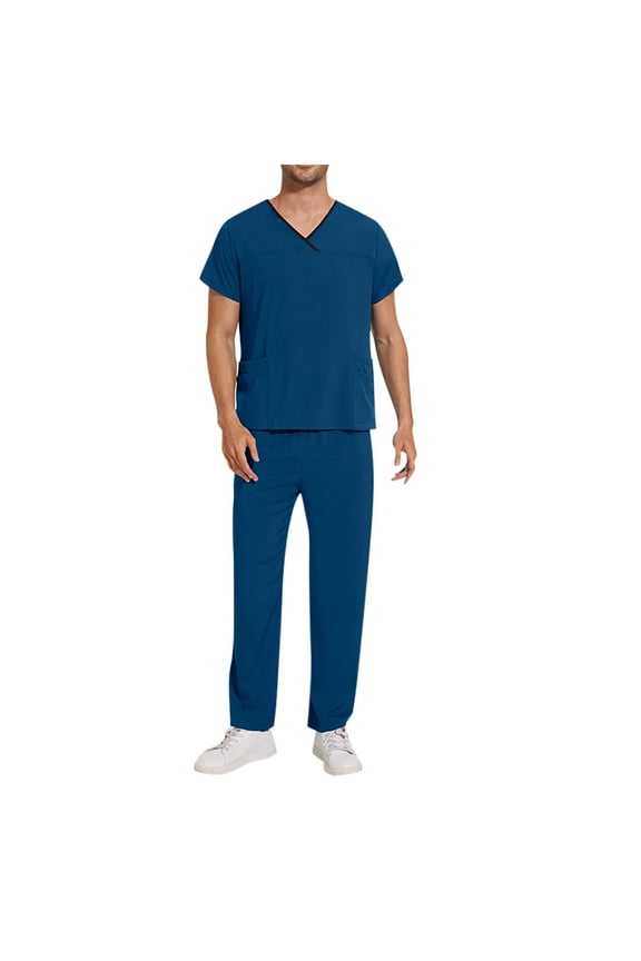Men's Scrub Style Utility Set - V-Neck Pocket Top & Drawstring Pants Wrinkle Resistant Uniform for Healthcare Workers