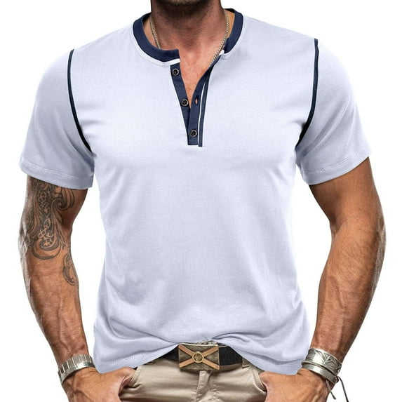 APEXFWDT Men's Short Sleeve Henley Shirts Summer Button-Up V neck T-Shirts Fashion Casual Color Contrast Basic Tops Tee