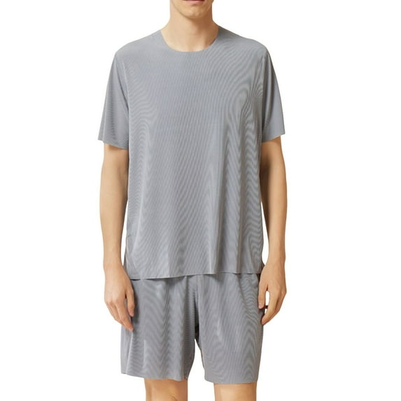 APEXFWDT Men's Short Sleeve Pajama Set Ice Silk Summer Pj Short Set 2 Pcs Loungewear Sleepwear Summer Lightweight Comfy Nightwear XXXL,Blue