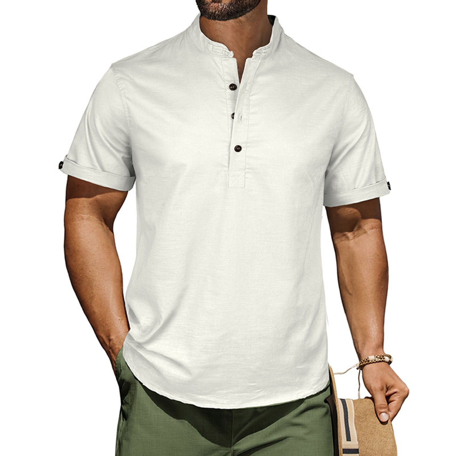 APEXFWDT Men's Stand Collar Cotton Linen Shirt Casual Short Sleeve ...